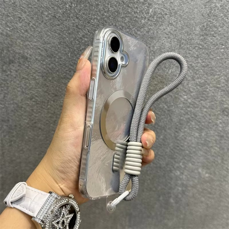 Luxury Apple iPhone Case, MagSafe Compatible, Camera Lens & Screen Protection, Ultra Thin, Shockproof, Magnetic Full All Around Cover – Laser Aurora Raindrop Acrylic Case with Wrist Strap & Wireless Charging