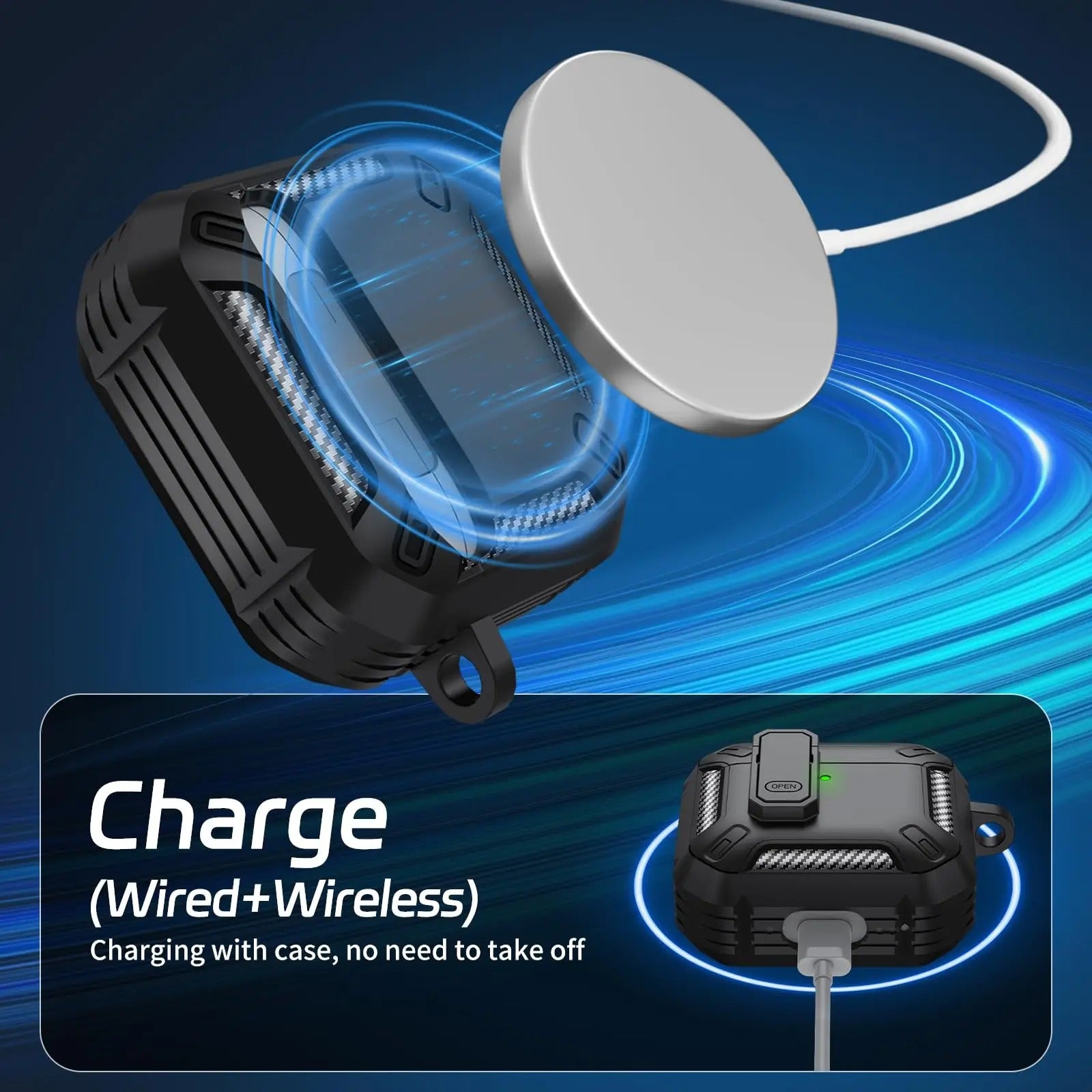 Premium Carbon Fiber AirPods Case Cover – Shockproof TPU Hard Shell with Secure Lock, Keychain, Wireless Charging Compatible for AirPods Pro 2, 3, 2, 1 & 4