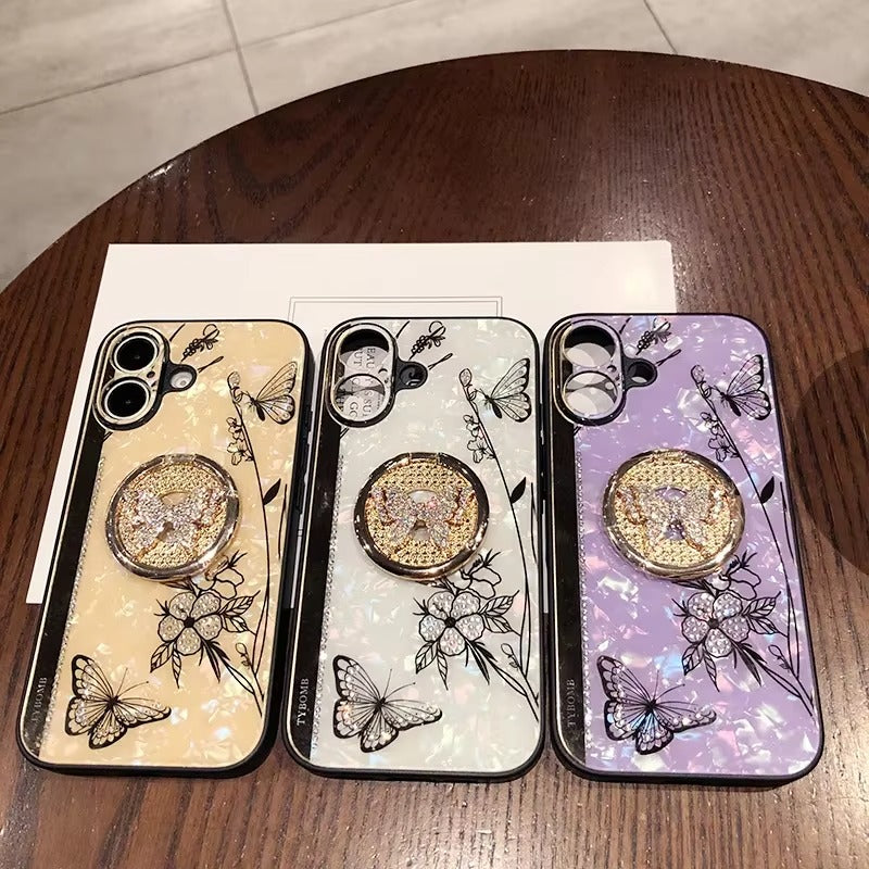 Luxury Apple iPhone Case, MagSafe Compatible, Camera Lens & Screen Protection, Ultra Thin, Shockproof, Magnetic Full All Around Cover – Shell Pattern Butterfly Case with Ring Holder & Hard Silicone TPU Back Design