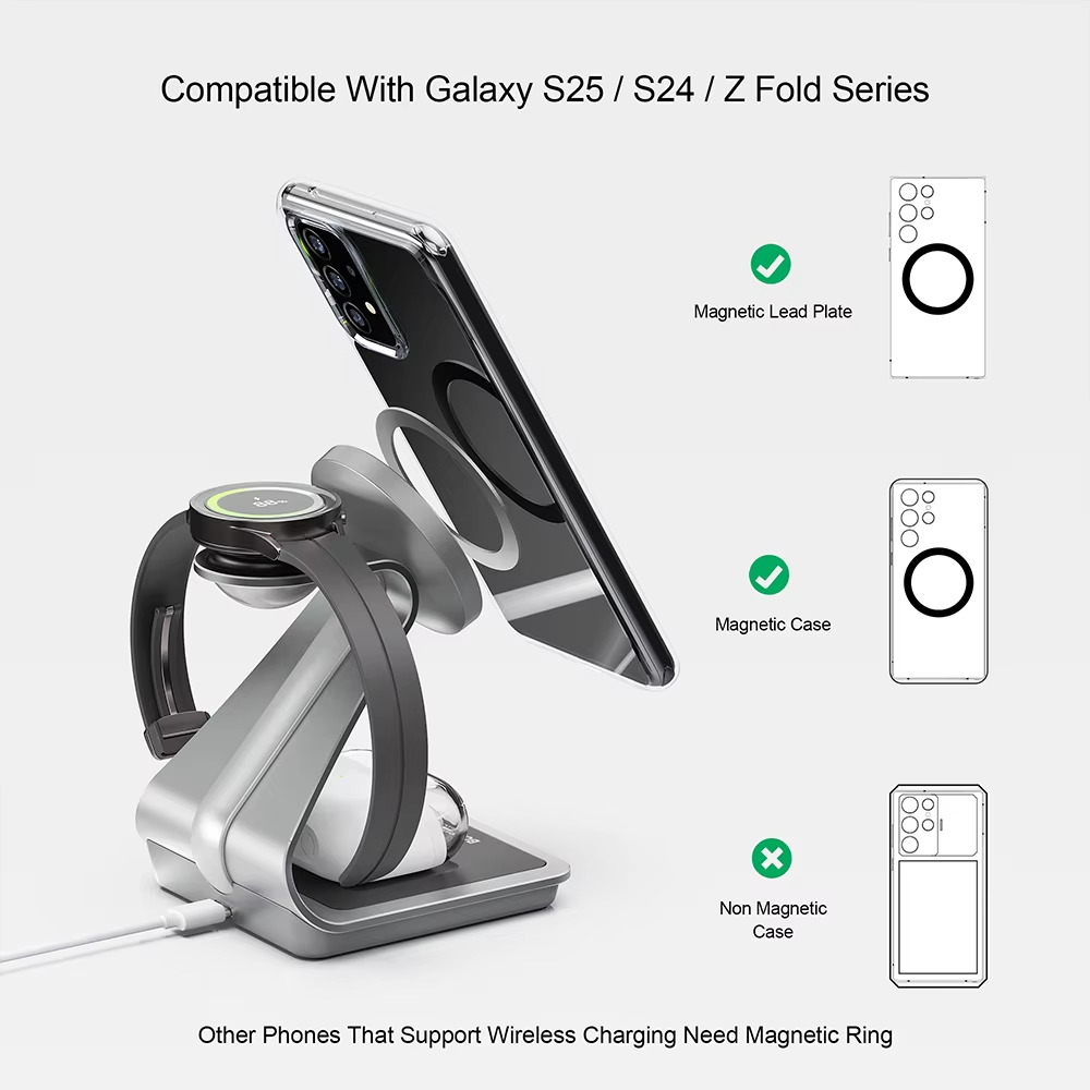 Premium 3 in 1 Magnetic Wireless Charging Stand – 15W Fast Charger Dock with Aluminum Alloy Metal Design for iPhone, Apple Watch and AirPods