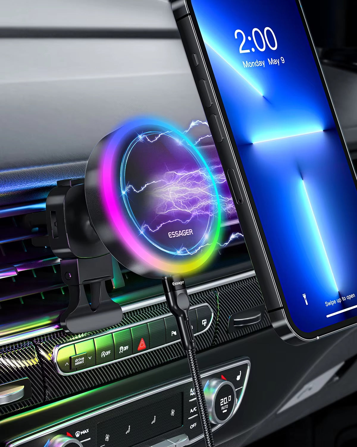 Premium, RGB, Magnetic Car Phone Holder, with 15W Qi Wireless Charging, Dashboard or Vent Mount, Fast Charger Stand for iPhone