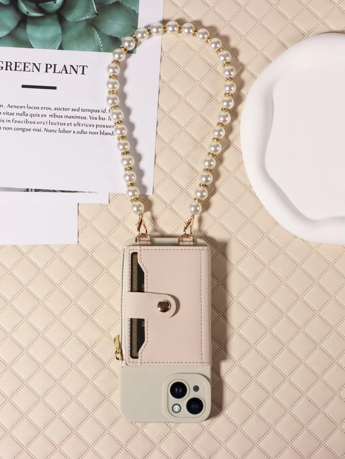 High Quality Apple iPhone Case, MagSafe Compatible, Camera Lens & Screen Protection, Ultra Thin, Shockproof, Magnetic Full All Around Cover – PU Leather Wallet Case with Mirror, Zipper & Pearl Strap