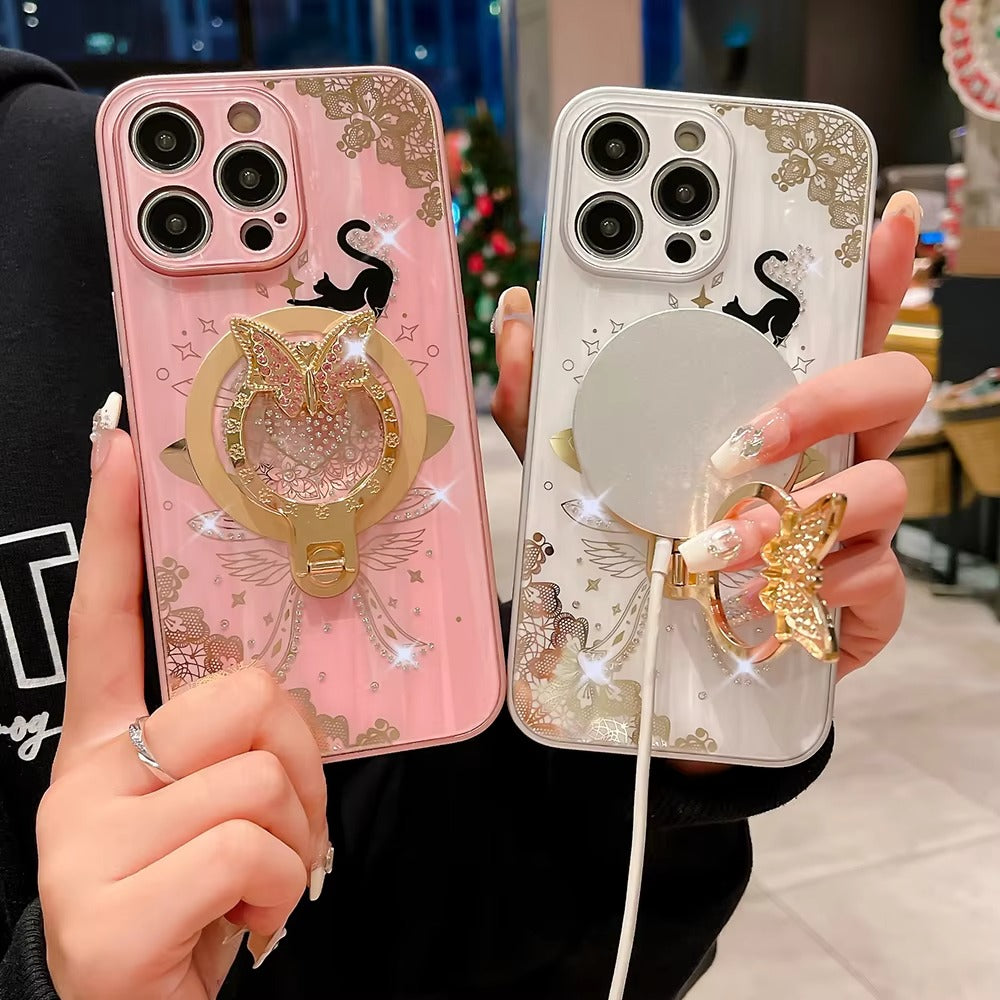 Luxury Apple iPhone Case, MagSafe Compatible, Camera Lens and Screen Protection, Ultra Thin, Shockproof, Magnetic, Full All Around Protection, Night Cat Ring Cover