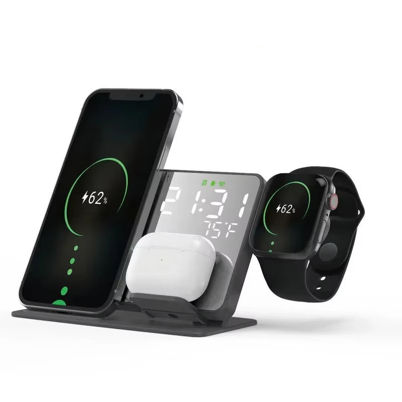 Premium 4 in 1 Wireless Charging Station with Alarm Clock – Fast Charger Stand for iPhone, Apple Watch, AirPods, Samsung Galaxy, Temperature & Date Display