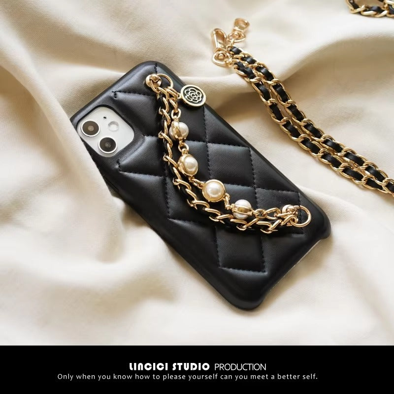 High Quality Apple iPhone Case, MagSafe Compatible, Camera Lens & Screen Protection, Ultra Thin, Shockproof, Magnetic Full All Around Cover – Lambskin Leather Handbag Case with Flower Pearl Strap & Long Metal Chain