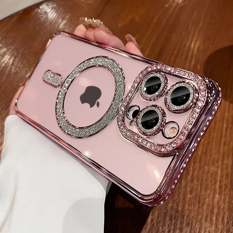 Luxury Pink Glitter Apple iPhone Case, MagSafe Compatible, Ultra Thin Magnetic Shockproof Full Protection Cover and Diamond Clear Plated Shell