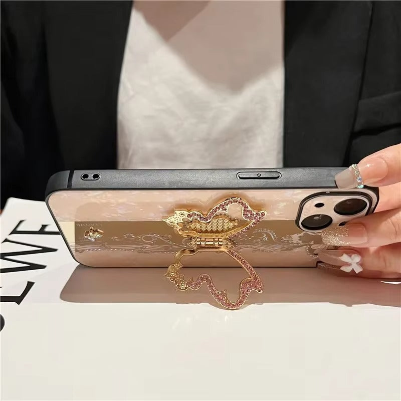 Fashion Apple iPhone Case, MagSafe Compatible, Camera Lens & Screen Protection, Ultra Thin, Shockproof, Magnetic Full All Around Cover – Butterfly Ring Holder Case with Full Shockproof Armor Back for Girls