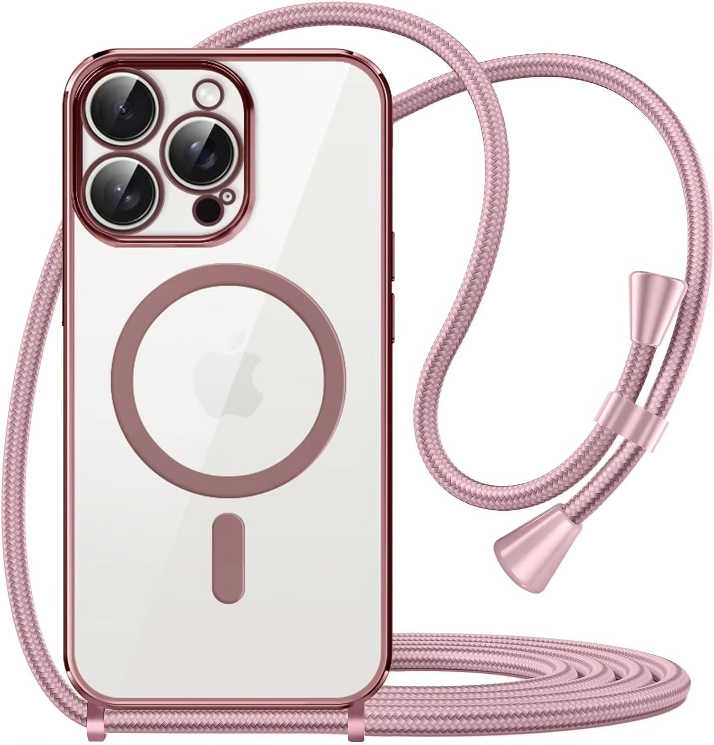 Luxury Apple iPhone Case, MagSafe Compatible, Camera Lens & Screen Protection, Ultra Thin, Shockproof, Magnetic Full All Around Cover – Clear Plating Soft Case with Necklace Lanyard Cord
