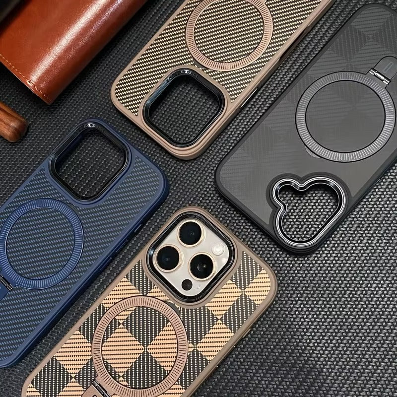 Premium Apple iPhone Case, MagSafe Compatible, Camera Lens & Screen Protection, Ultra Thin, Shockproof, Magnetic Full All Around Cover – Kevlar Carbon Fiber Texture Case with Magnetic Holder & Shockproof Back Design