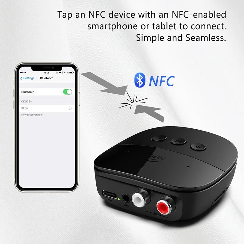Premium Bluetooth 5.2 Audio Receiver for iPhone – Wireless RCA & TF Card, Mic Input, NFC, Car Kit & Speaker Amplifier Support