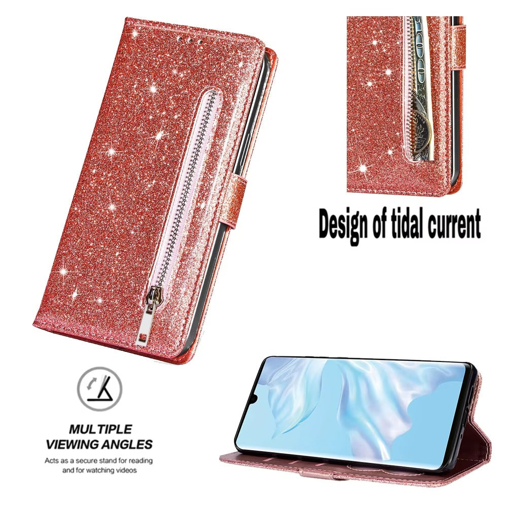 Luxury Apple iPhone Case, MagSafe Compatible, Camera Lens and Screen Protection, Ultra Thin, Shockproof, Magnetic, Full All Around Protection, Glitter Zipper Wallet Cover