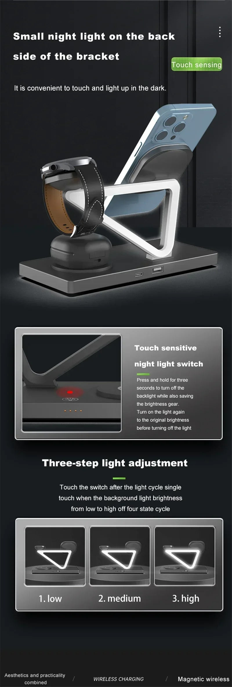 Premium 5 in 1 Magnetic Wireless Charging Station – Foldable Fast Charger Stand for Phones, Smartwatches, Earbuds with 30W Output & LED Night Light