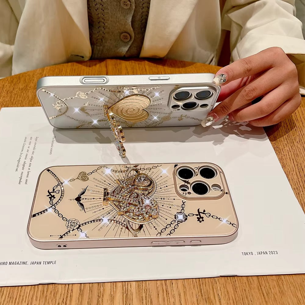 Luxury Apple iPhone Case, MagSafe Compatible, Camera Lens & Screen Protection, Ultra Thin, Shockproof, Magnetic Full All Around Cover – Glitter Crystal Heart Holder Case with Full Camera Guard & Hard Shockproof Back