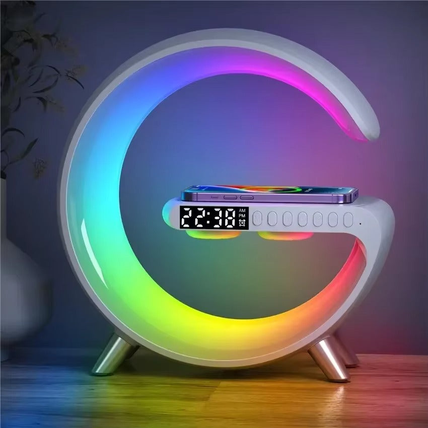 Luxury Wireless Charging Alarm Clock – Bluetooth Speaker with Sunrise Wake-Up Light, RGB Night Lamp, Sleep Aid, 5W Fast Charger for Qi-Enabled Devices