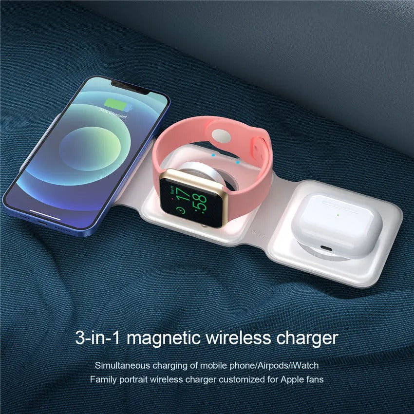 Premium 3 in 1 Magnetic Wireless Charger Pad – Portable Fast Charging Dock for iPhone, Apple Watch, AirPods with Foldable Stand, Type-C, 15W Output
