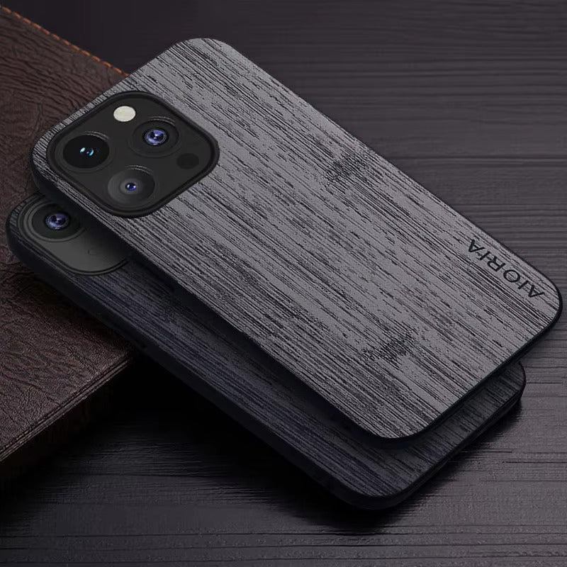 Premium Wood Grain iPhone Case MagSafe Compatible Ultra Thin Magnetic with Smooth Brown Texture and Metallic Frame Design