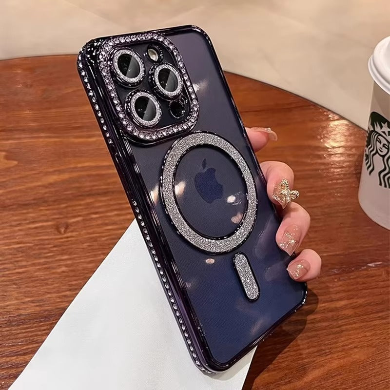 Luxury Apple iPhone Case, MagSafe Compatible, Camera Lens & Screen Protection, Ultra Thin, Shockproof, Magnetic Full All Around Cover – Glitter Diamond Transparent Case with Wireless Charging & Bumper Edge Design