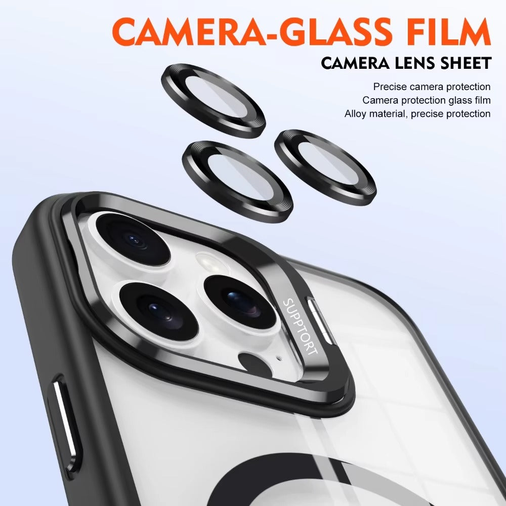 Premium Apple iPhone Case MagSafe Compatible, Camera Lens & Screen Protection, Cover with Transparent Stand & Lens Film