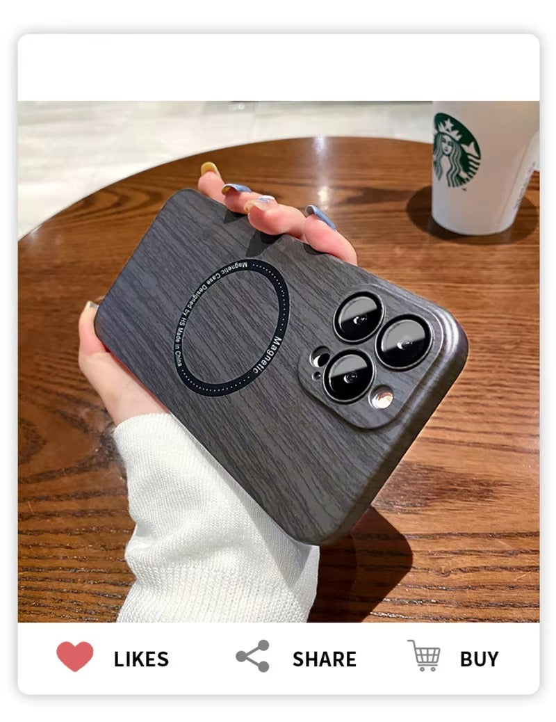 Premium Apple iPhone Case, MagSafe Compatible, Camera Lens and Screen Protection, Ultra Thin, Shockproof, Magnetic, Full All Around Protection, Wood Pattern Plastic Cover