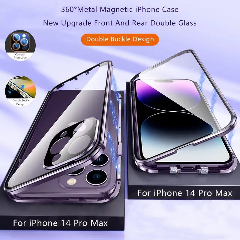 Luxury Apple iPhone Case MagSafe Compatible, Camera Lens & Screen Protection Cover with Double Glass Snap Lock Frame
