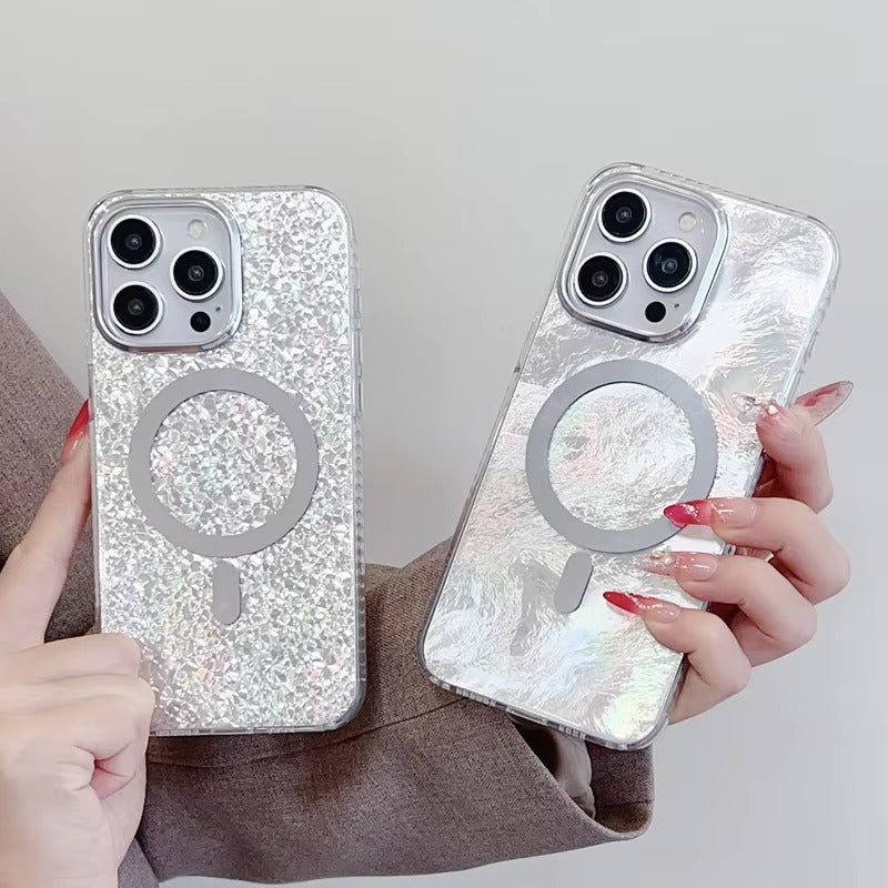 Luxury Apple iPhone Case, MagSafe Compatible, Camera Lens & Screen Protection, Ultra Thin, Shockproof, Magnetic Full All Around Cover – Laser Aurora Raindrop Acrylic Case with Wrist Strap & Wireless Charging