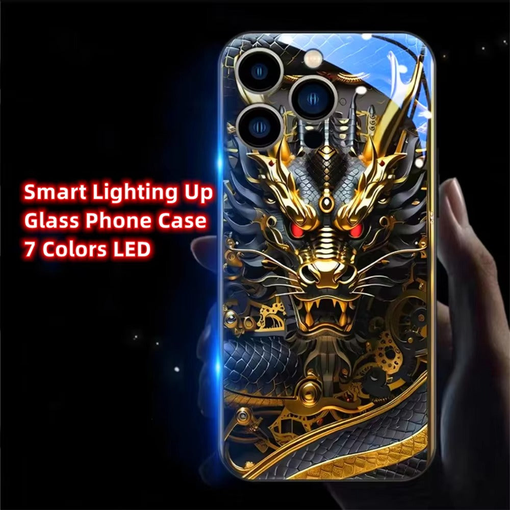 Premium Apple iphone Case, LED Flash, Sound Reactive, Shockproof, Ultra Thin, Full Body Protection, Golden Dragon Luminous Glass Cover