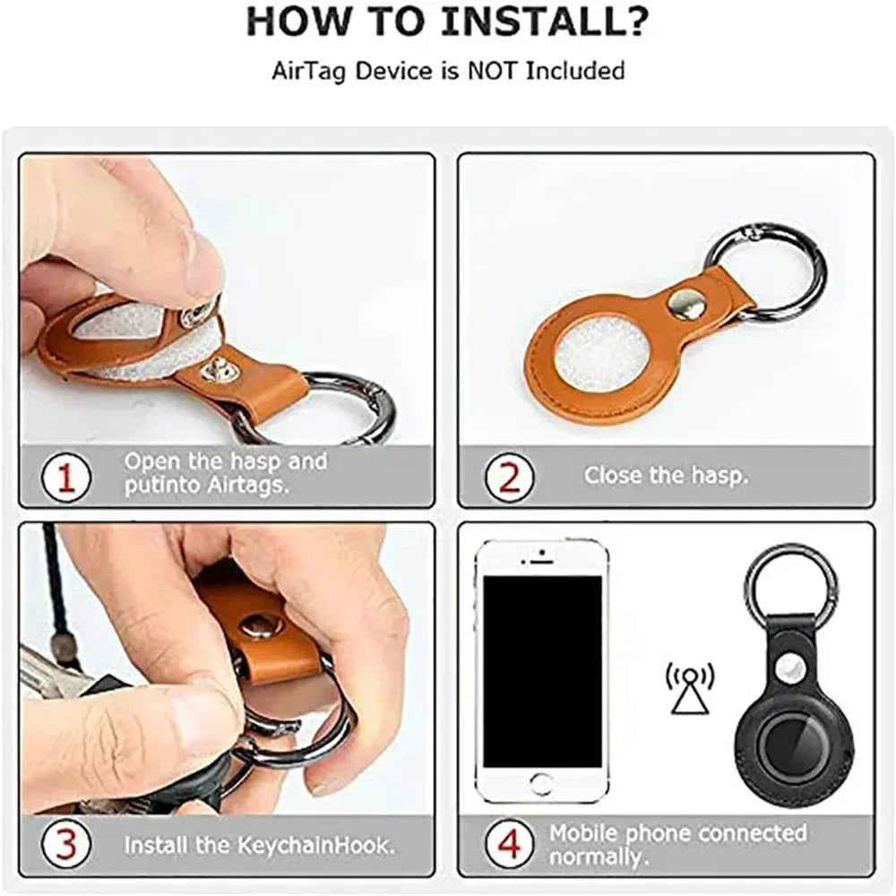 Luxury Leather AirTag Keychain Holder – Anti-Scratch Pet Tracker Cover, Secure Snap Button, Stylish Protective Case for iOS, Key Ring Included