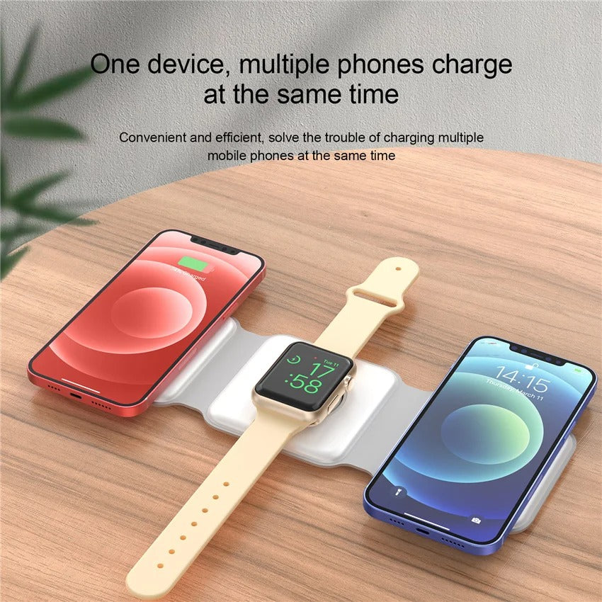 Premium 3 in 1 Magnetic Wireless Charger Pad – Portable Fast Charging Dock for iPhone, Apple Watch, AirPods with Foldable Stand, Type-C, 15W Output