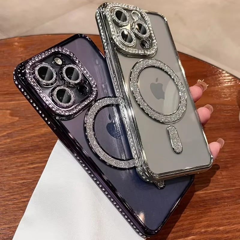 Luxury Pink Glitter Apple iPhone Case, MagSafe Compatible, Ultra Thin Magnetic Shockproof Full Protection Cover and Diamond Clear Plated Shell