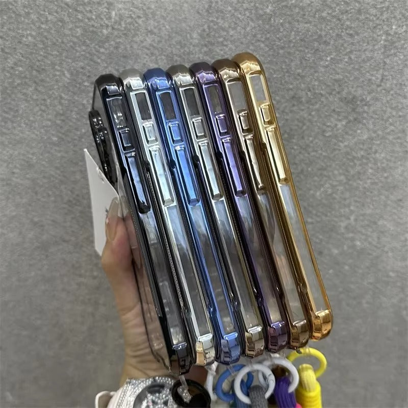 High Quality Apple iPhone Case, MagSafe Compatible, Camera Lens & Screen Protection, Ultra Thin, Shockproof, Magnetic Full All Around Cover – Blade Mecha TPU Transparent Case with Plating Finish & Wrist Strap