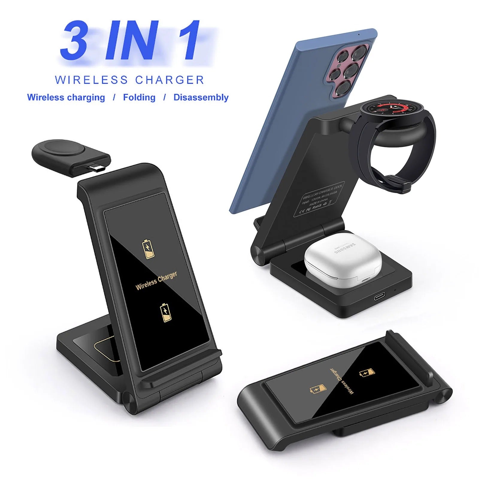 Premium 25W 3 in 1 Wireless Charging Station – Fast Charger Stand for Samsung Phones, Galaxy Watch and Buds with Detachable Holder and Type-C Cable