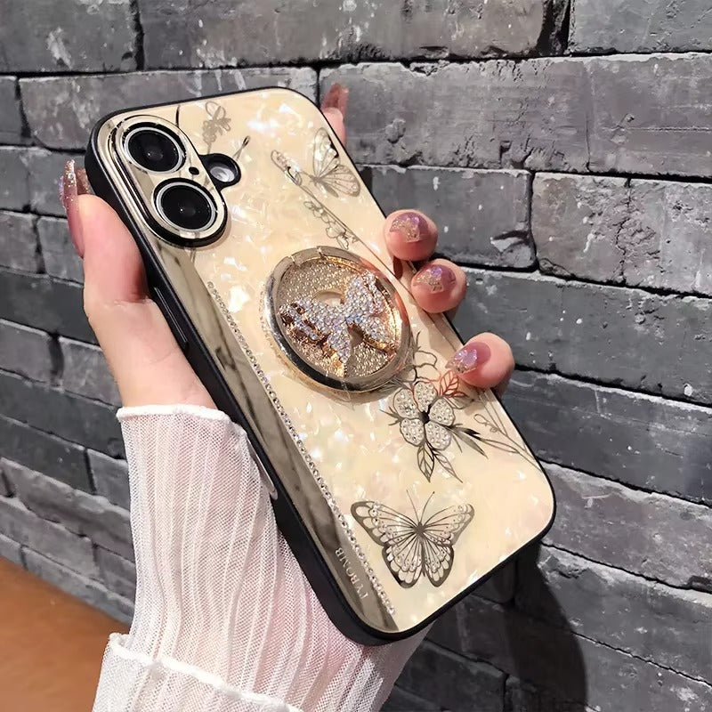 Luxury Apple iPhone Case, MagSafe Compatible, Camera Lens & Screen Protection, Ultra Thin, Shockproof, Magnetic Full All Around Cover – Shell Pattern Butterfly Case with Ring Holder & Hard Silicone TPU Back Design