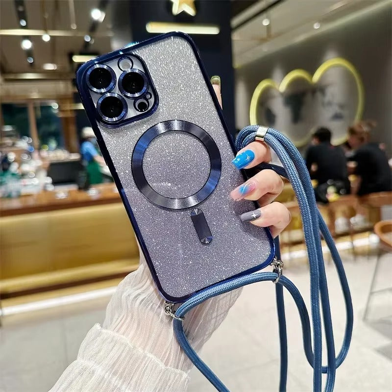 Luxury Apple iPhone Case, MagSafe Compatible, Camera Lens & Screen Protection, Ultra Thin, Shockproof, Magnetic Full All Around Cover – Glitter Crossbody Plating TPU Soft Back Case