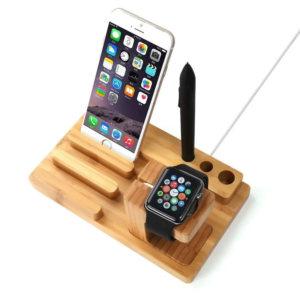 Luxury Bamboo Charging Dock Station – Multifunctional Stand Holder for iPad, iPhone, Apple Watch, Tablets and Smartphones with Cable Organizer