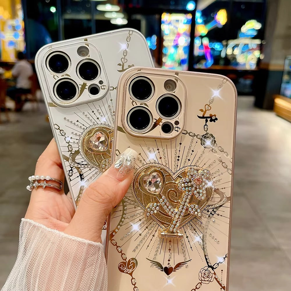 Luxury Apple iPhone Case, MagSafe Compatible, Camera Lens & Screen Protection, Ultra Thin, Shockproof, Magnetic Full All Around Cover – Glitter Crystal Heart Holder Case with Full Camera Guard & Hard Shockproof Back