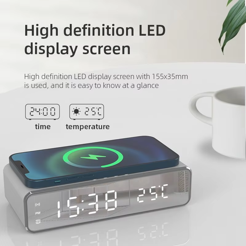 Luxury Wireless Charging Alarm Clock – LED Digital Thermometer Dock Station with Fast 5W Charger for Phones, Smartwatches, and Earbuds