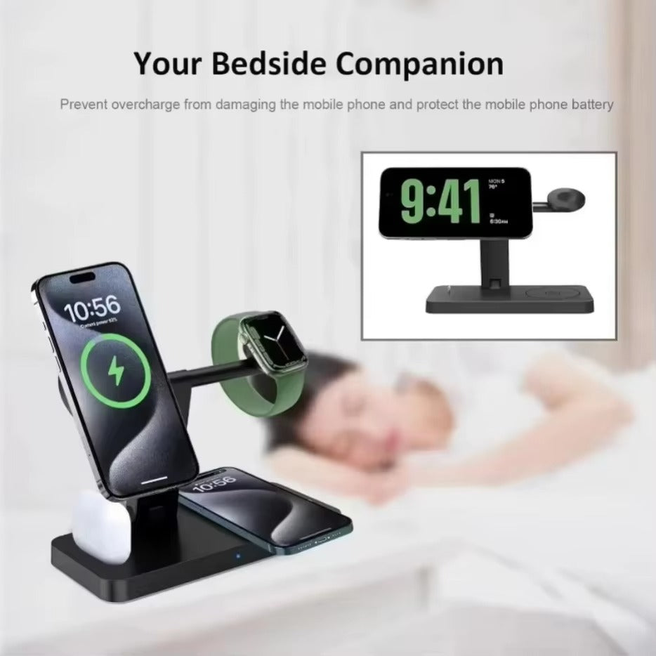 Premium 5 in 1 Magnetic Wireless Charging Station – Foldable Fast Charger Stand for Phones, Smartwatches, Earbuds with 30W Output & LED Night Light