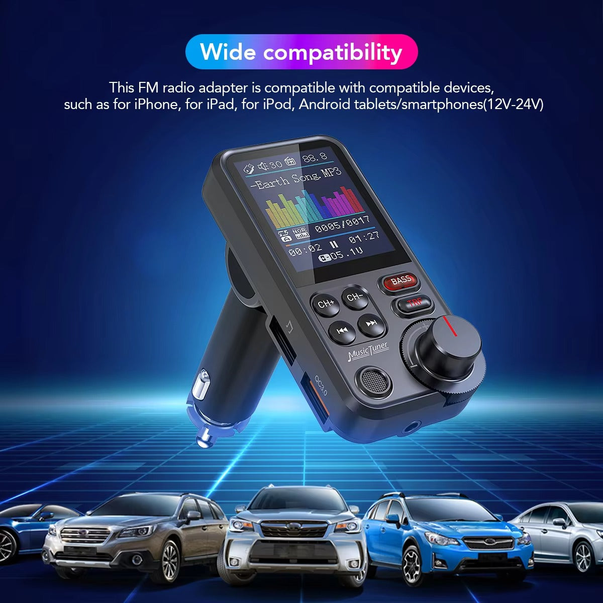 Premium, 1.8-Inch, Wireless Bluetooth FM Transmitter for Car, AUX Support, QC3.0 Charging, Treble, Bass Adjustment,