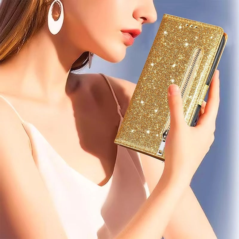 Luxury Apple iPhone Case, MagSafe Compatible, Camera Lens and Screen Protection, Ultra Thin, Shockproof, Magnetic, Full All Around Protection, Glitter Zipper Wallet Cover