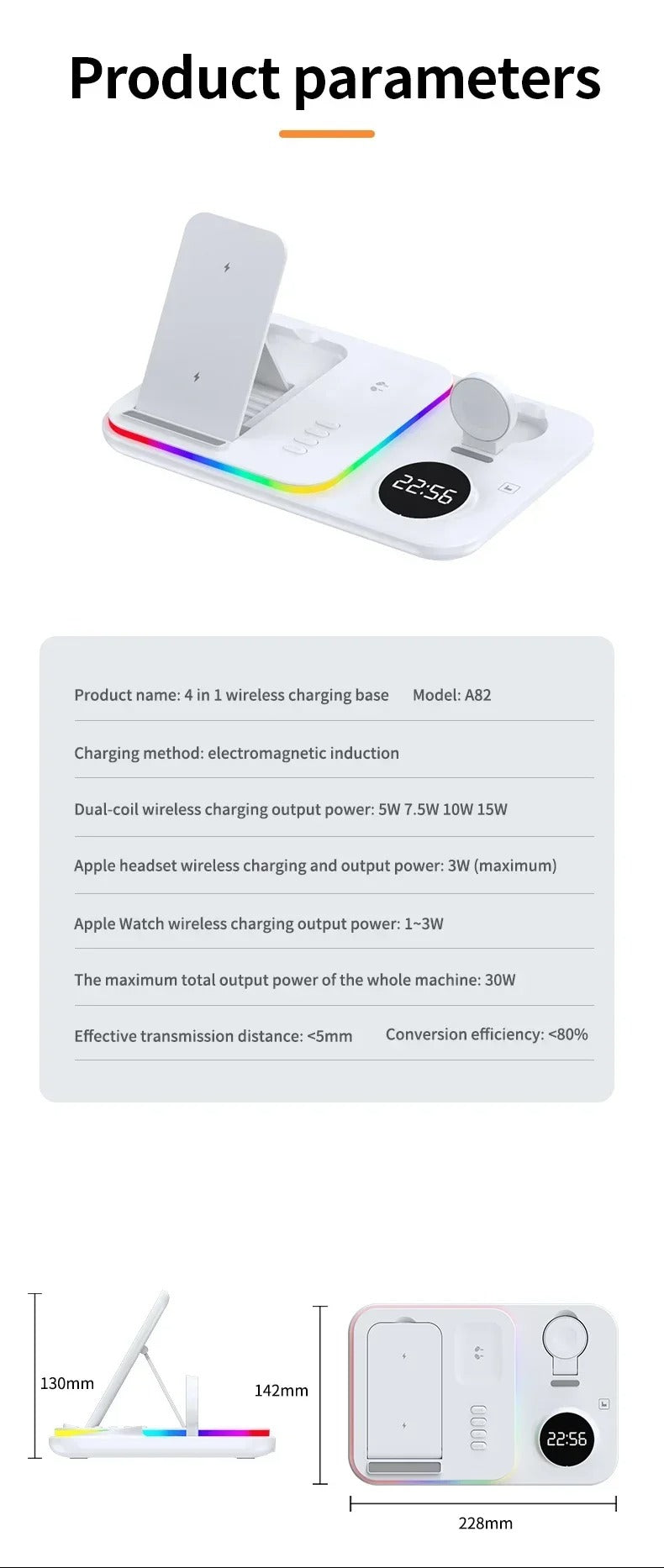 Premium 5 in 1 Wireless Charging Station – 30W Foldable Fast Charger Dock with RGB LED Light, Alarm Clock for Phones, Apple Watch, Samsung Watch & AirPods