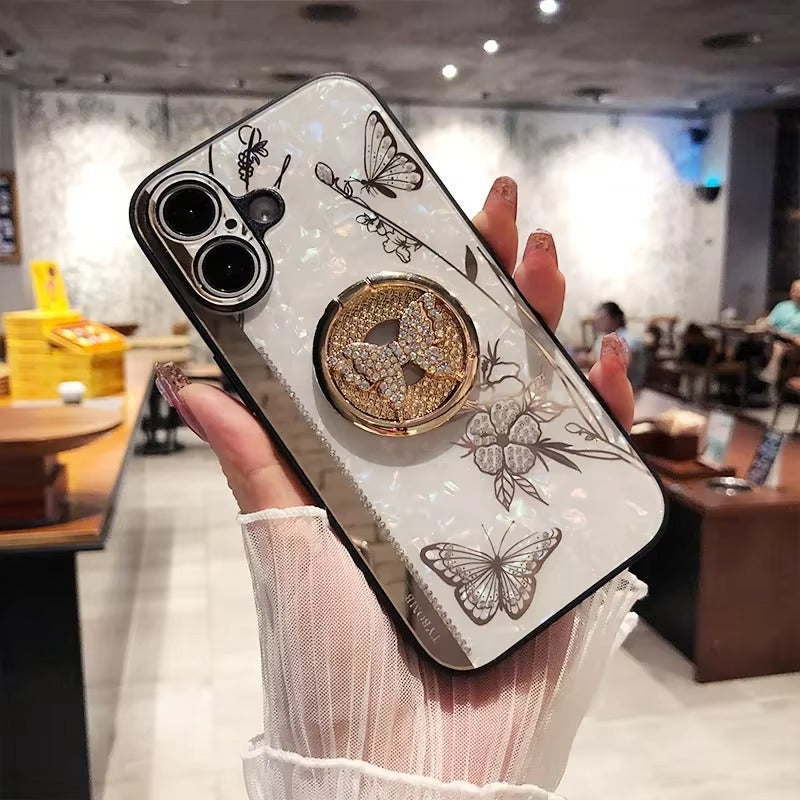 Luxury Apple iPhone Case, MagSafe Compatible, Camera Lens & Screen Protection, Ultra Thin, Shockproof, Magnetic Full All Around Cover – Shell Pattern Butterfly Case with Ring Holder & Hard Silicone TPU Back Design