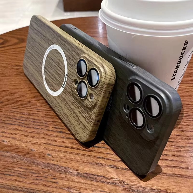 Premium Apple iPhone Case, MagSafe Compatible, Camera Lens and Screen Protection, Ultra Thin, Shockproof, Magnetic, Full All Around Protection, Wood Pattern Plastic Cover