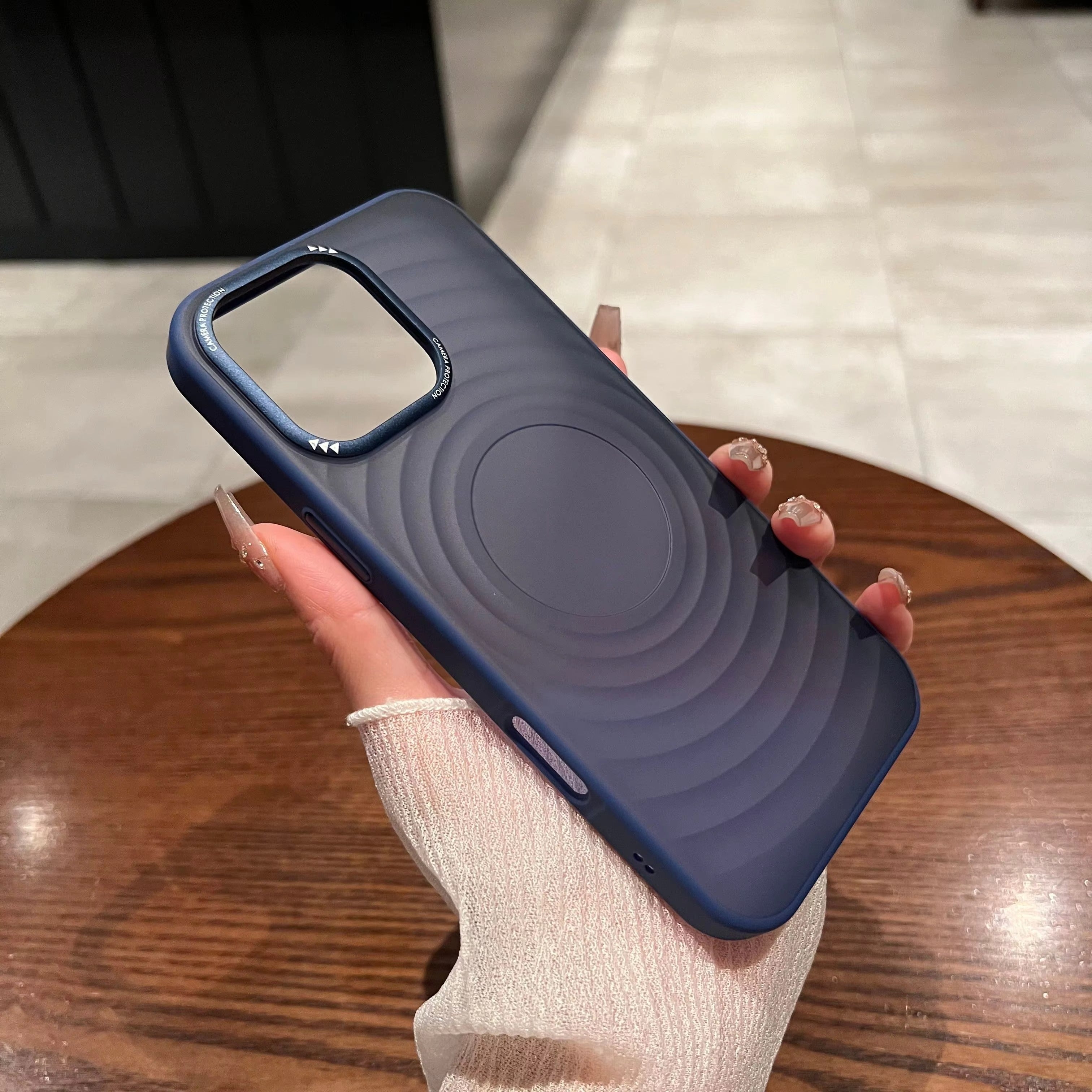 Luxury Apple iPhone Case, MagSafe Compatible, Camera Lens & Screen Protection, Ultra Thin, Shockproof, Magnetic Full All Around Cover – Water Ripple Matte Translucent Case with Metal Lens Bumper & Hard Back