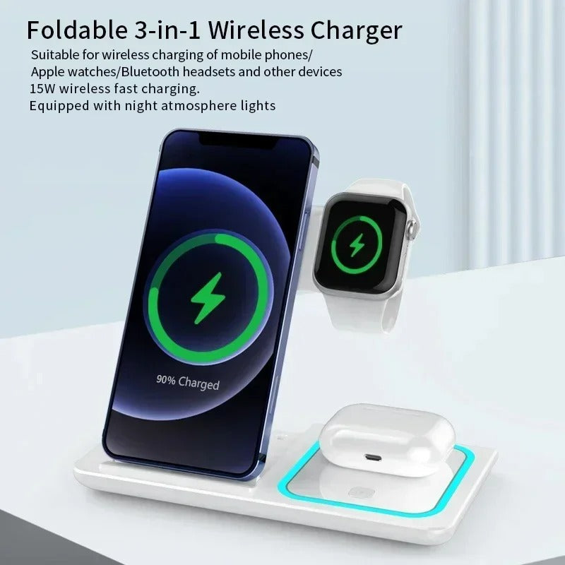 Premium 4 in 1 Wireless Charging Station with LED Light – Foldable Fast Charger Stand for Phones, Apple Watch, AirPods and Qi-Compatible Devices