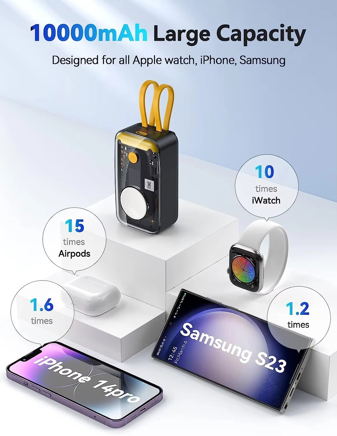 Premium, 10000mAh Wireless Power Bank with Built-in Cable – PD 20W Fast Charging Battery Source for Apple Watch S1–S9, iPad Air