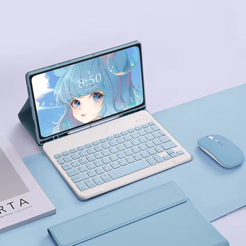 Luxury Wireless Keyboard Case with Free Mouse – Bluetooth Keyboard Cover with Touchpad, Leather Texture, Built-in Battery, for 10–11 inch Tablets, Solid Color Design