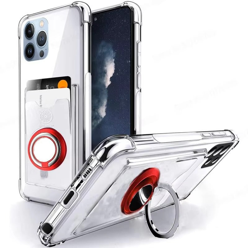 High Quality Transparent Phone Case with Magnetic Ring – Soft, Shockproof Cover with Built-In Card Holder for Apple Plus