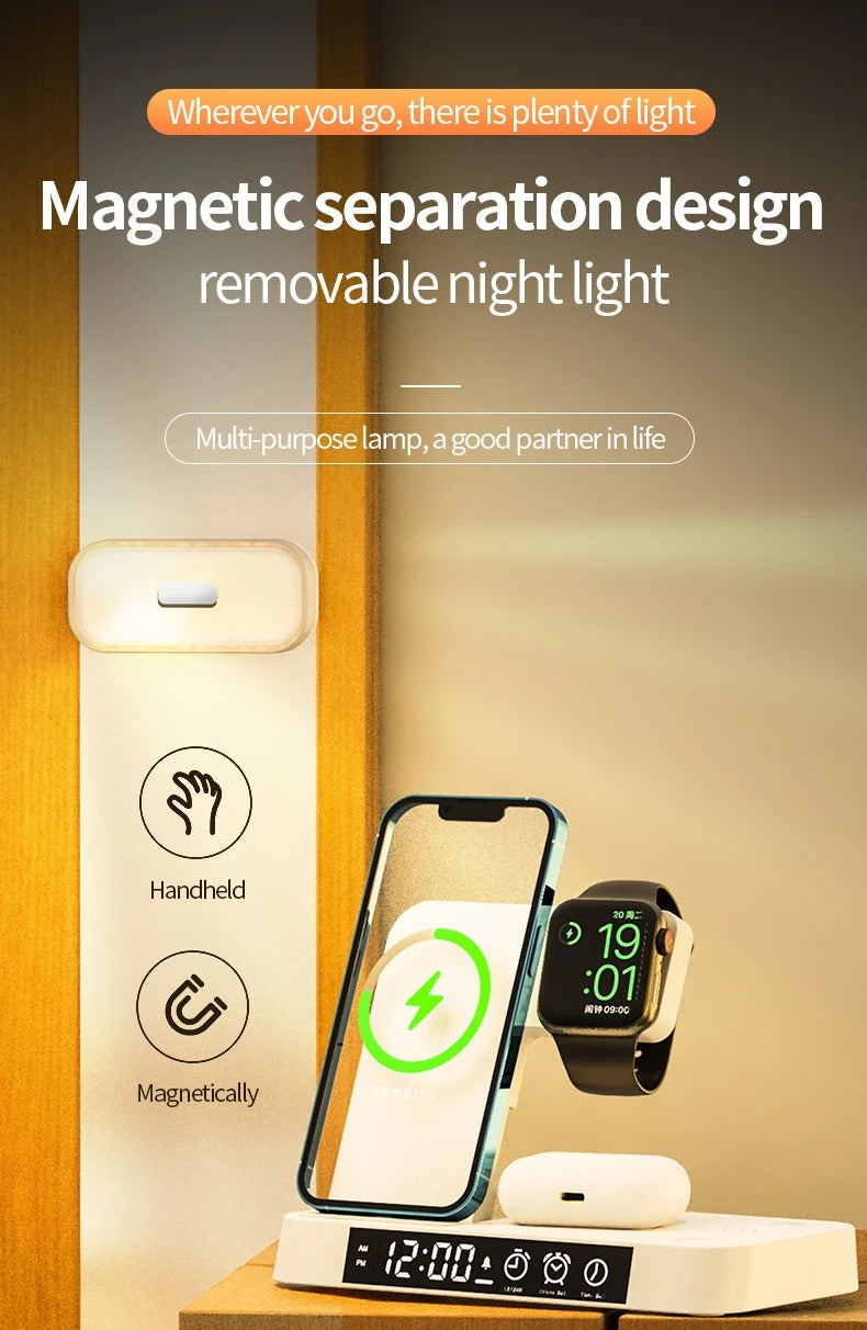 Premium 3 in 1 Wireless Charging Station – 30W Fast Charger Stand with Alarm Clock, Removable RGB Night Light for Phones, Apple Watch, Samsung Watch & AirPods
