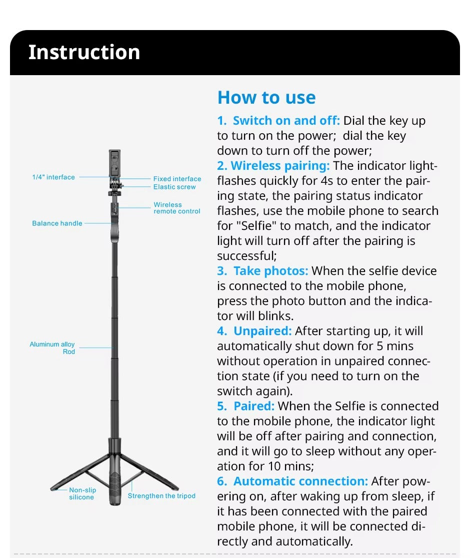 High Quality, Wireless Selfie Stick Tripod – Foldable, Steady Monopod Stand for Apple iPhone, Action Cameras, Live Shooting.