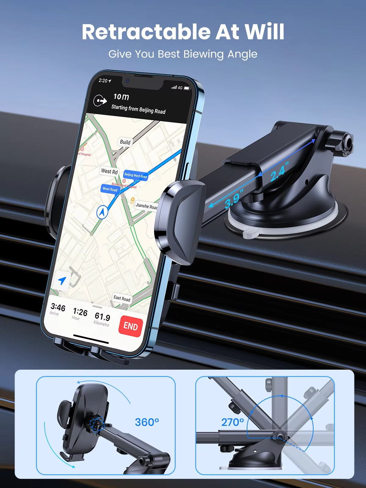 High Quality Universal Car Phone Holder – 360° Rotating Vent Mount with Hook Clip, Apple iPhone Devices